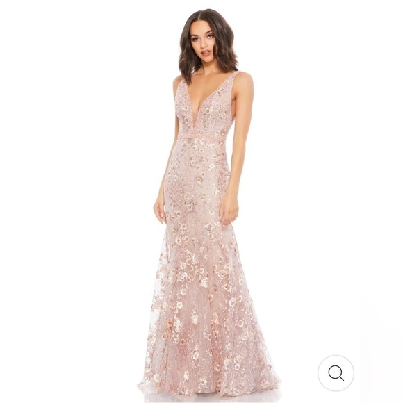 Mac Duggal FLORAL EMBELLISHED SLEEVELESS PLUNGE NECK GOWN rose pink size 16 - Picture 1 of 14